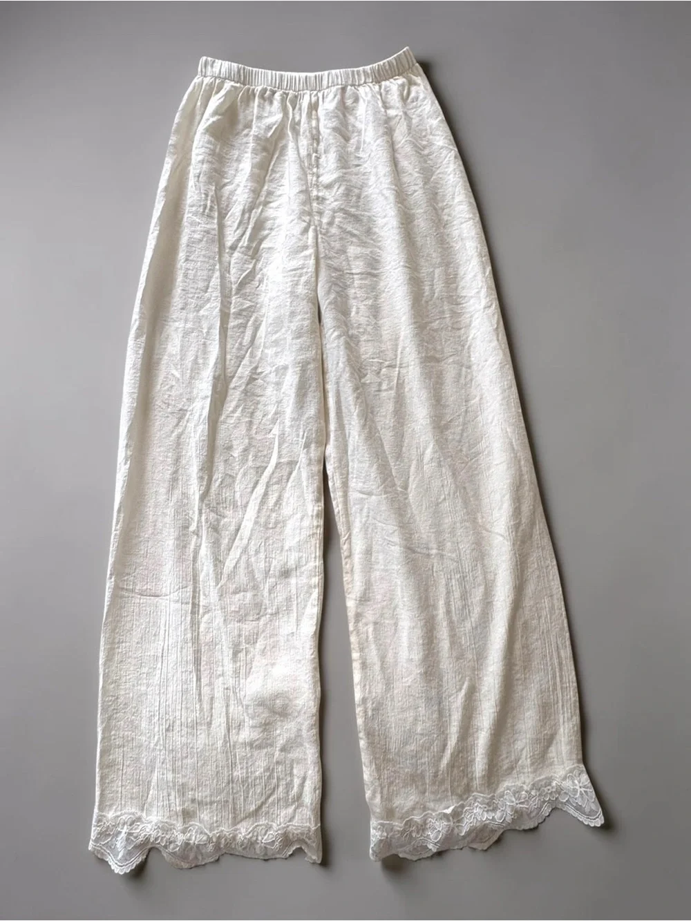 Cream Lace-Trim Gauze Lounge Pants Resort Wear Size Medium Wide Leg - Picture 3 of 7